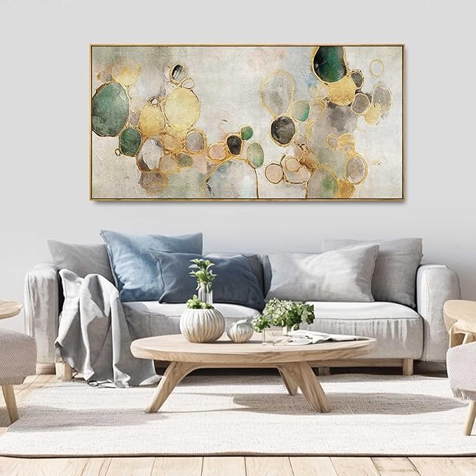 Gold Circle Modern Artwork Framed Abstract Wall Art Green Canvas Decor 24"x48"