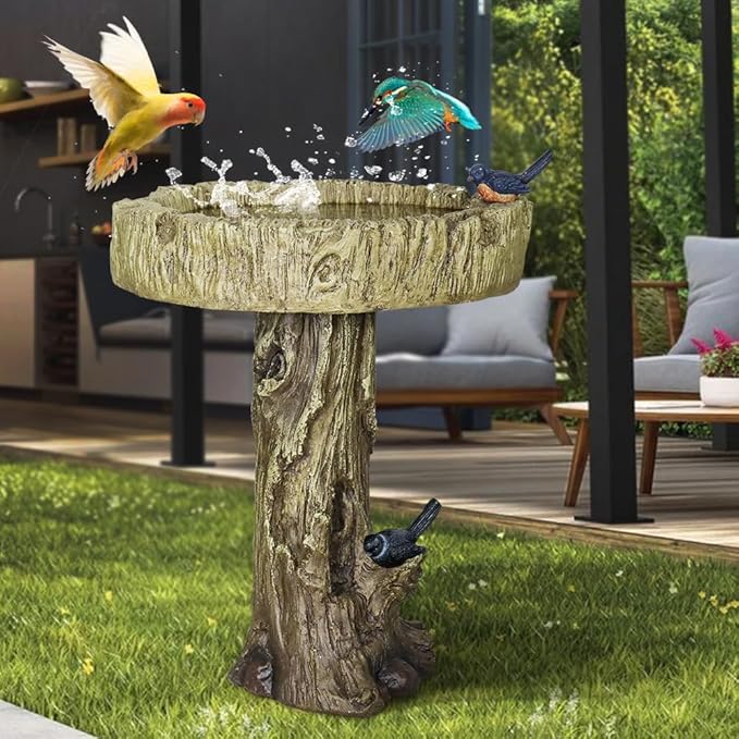 SKYFIRE 24.4â H Fibre Reinforced Concrete Outdoor Garden Bird Bath with Birds, Woodland Tree Trunk Decoration Yard Statueï¼Pedestal Birdbaths for Outdoors, Garden, Patio, Lawn, Backyard