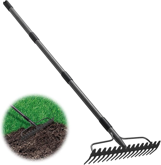 Garden Rake:63 Inch Metal Garden Leaf Rake with 17 Tines, Heavy Duty Bow Rakes for Lawn Yard Leaves Debris Mulch Gravel Thatch Clean,Lawn Care Gardening Landscaping