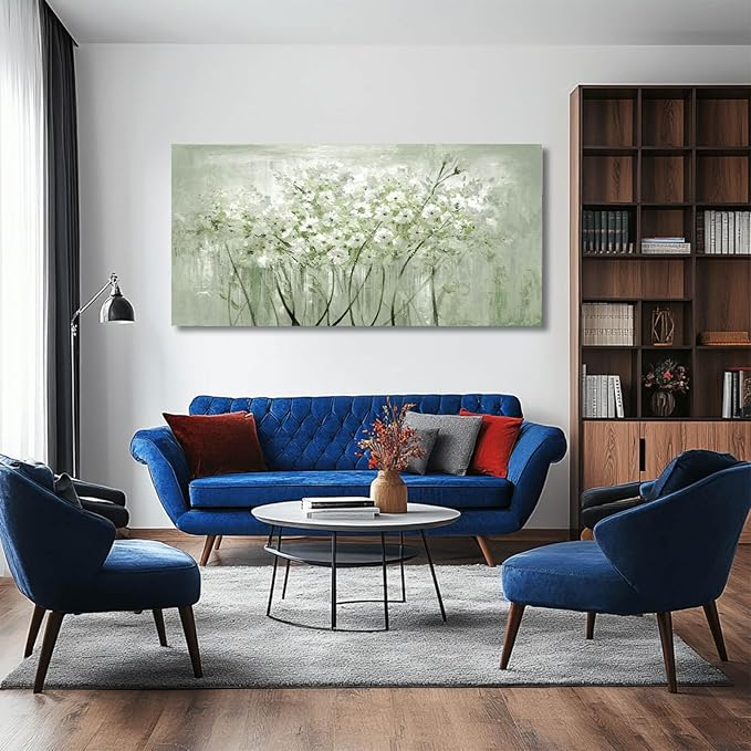 MLART99 Modern Artwork Wall Decor White Flowers Picture Art 24"x48" Plant Wall
