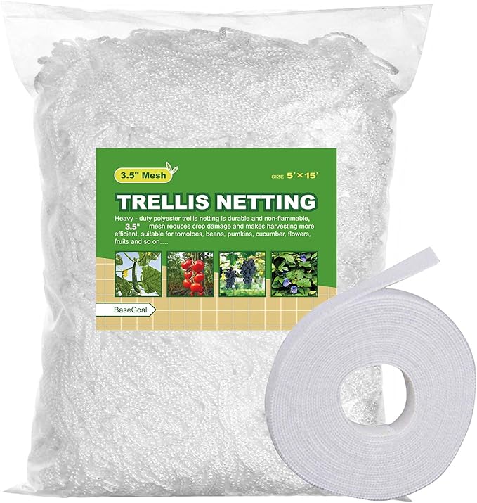 All-Weather Trellis Netting Mesh Plant Garden Vine Growing Flexible String Net (3.5" Mesh ployester, 5' Wx 15'L)