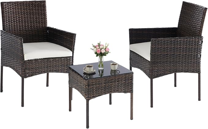 NEWBULIG 3-Piece Patio Furniture Set, Weather-Resistant Outdoor Wicker Furniture with Washable Cushion & Tempered Glass Tabletop, Durable Outdoor Seating for Balcony, Porch, Deck Brown