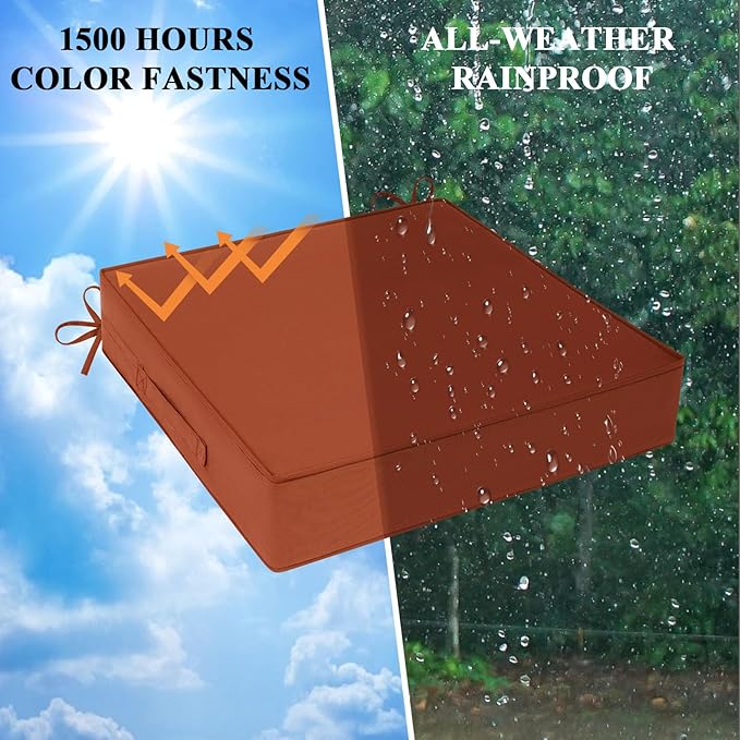 Outdoor Chair Cushions 22x22x4 Inch, Waterproof Spice Patio Furniture Cushions Set of 2 with Ties & Handle, 3 Year Color Fastness Square Replacement Seat Cushions for Sofa, Couch