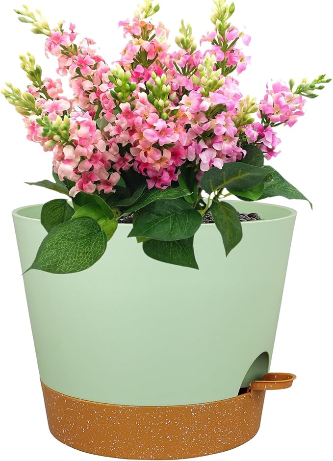 12 inch Large Self Watering Pots for Indoor Outdoor Plants, Flower Plant Pots with Drainage Holes for Garden House Plants, Plastic Planters with Reservoir for Home Plants, Green with Brown