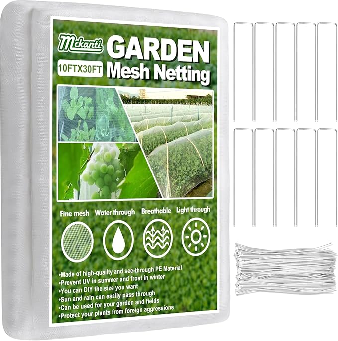 Mckanti 10x30FT Garden Mesh Netting, Fine Plant Covers with 30Pcs Cable Ties & 10Pcs Nails, Bed Netting Cover for Plants, Vegetables, Greenhouse, Patio Barrier Net