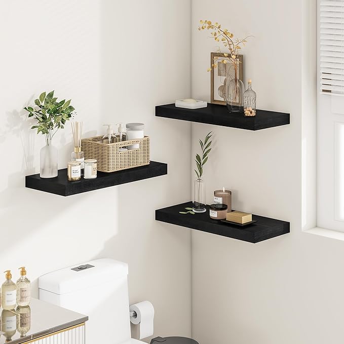 Black Floating Shelves for Wall 24 Inches Long, Heavy Duty Shelf for Bedroom