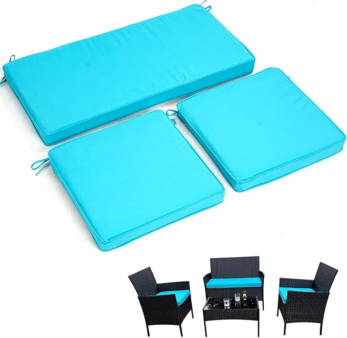 3-Pack Outdoor Patio Furniture Replacement Cushions SetâHigh-Elastic Sponge Cushions Fit 4-Piece Wicker Rattan Sofa, Loveseat & Chairs, 36x18x2 & 18x18x2, Waterproof, Fade-Resistant (Lake blue)