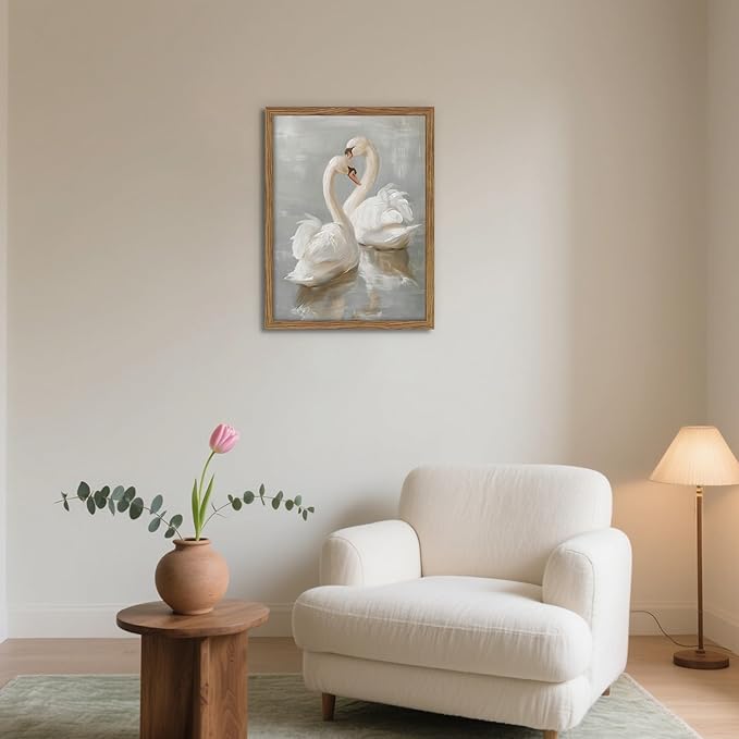 Framed White Swan Canvas Wall Art – Vintage Romantic Swan Oil Painting