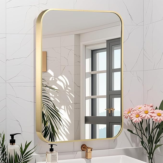 48x30 Inch Gold Bathroom Mirror, Brushed Gold Metal Framed Rectangular Mirror