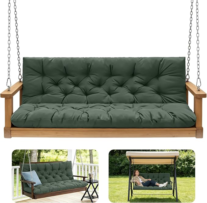 Porch Swing Cushions,Outdoor Cushions 3 Seater Replacement with Backrest, Waterproof Thickened Bench Cushion with Ties for Porch, Patio,Outdoor, Backyard and Garden (Dark Green 60 * 40 in)