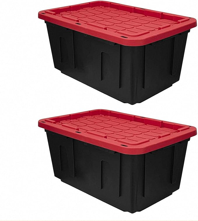 27 Gallon Heavy Duty Storage Bins with Lids â Stackable Industrial Plastic Totes for Garage Organization, Moving, and Attic Storage â Lockable Snap-Fit Container, Black/Red (2 Pack)
