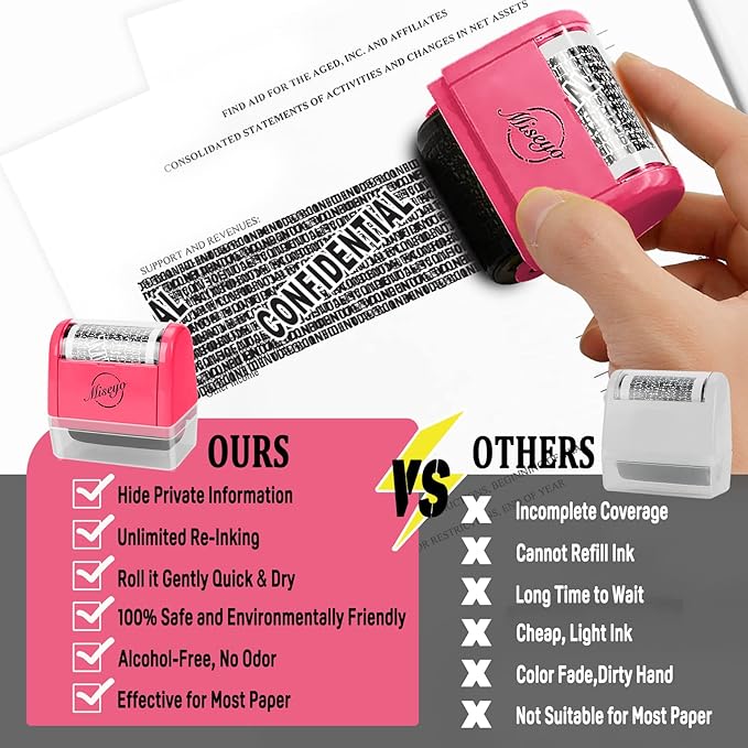 Miseyo Identity Theft Protection Roller Stamp Set - Peach (6 Refill Ink Incleded)