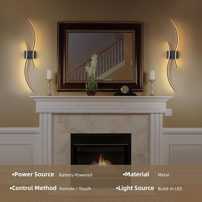 Battery Operated Wall Sconce Set of 2, Dimmable Modern LED Rechargeable Wall