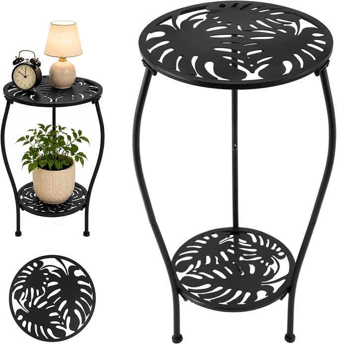 Party Zealot Two-Tiered 12 Inch Metal Round Side Tables Small Black Outside End Table for Patio Round Accent Garden Corner Stand for Small Spaces Weather-Resistant Outdoor Coffee Table for Balcony