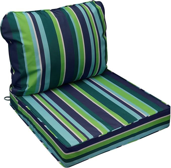 AAAAAcessories Outdoor Seat Cushions for Chairs, Fade-Resistant, Waterproof Patio Furniture Replacement Cushions, 23.5" x 25.5" x 5" + 23.5" x 19", Stormy Teal Coastal Stripe