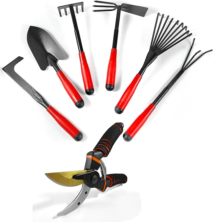 Set of 7 Gardening Tool Set, Rust-Resistant Handy Tools for Gardening, Ideal Gardening Gift Set, Including Trowel, Weeder, Hoes, and Rakes (Red)