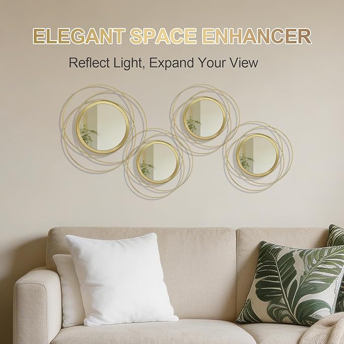 4 Piece Gold Round Wall Mirror Set Modern Metal Circle Home Decor