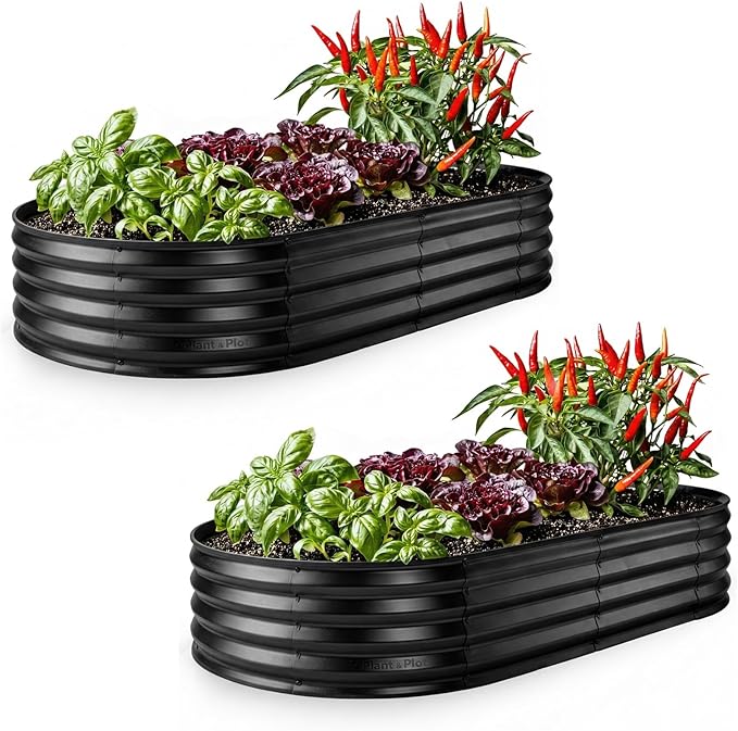 Plant & Plot Galvanized Raised Garden Beds Outdoor // 6Ã3Ã1 ft (2-Pack) Planter Raised Beds for Gardening, Vegetables, Flowers // Large Metal Garden Box // Patented Tool-Free Design (Black)