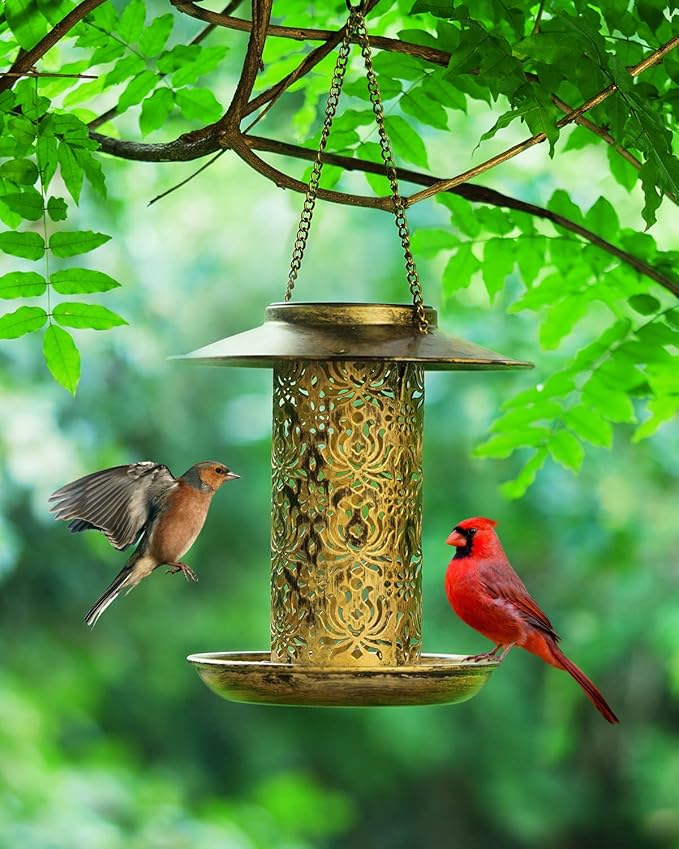 SWEETFULL Solar Bird Feeder for Outdoors Hanging, Metal Wild Bird Feeder for Cardinals Solar Garden Lantern with S Hook as Gift Ideas for Bird Lovers (2LBs Heavy Duty Weather Resistance birdfeeders)
