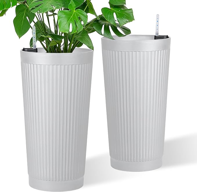 TUYOHW 2-Pack 24in Round Plastic Planters with Self-Watering System and Vertical Ribbed Design â Perfect for Home, Patio, Garden Plants