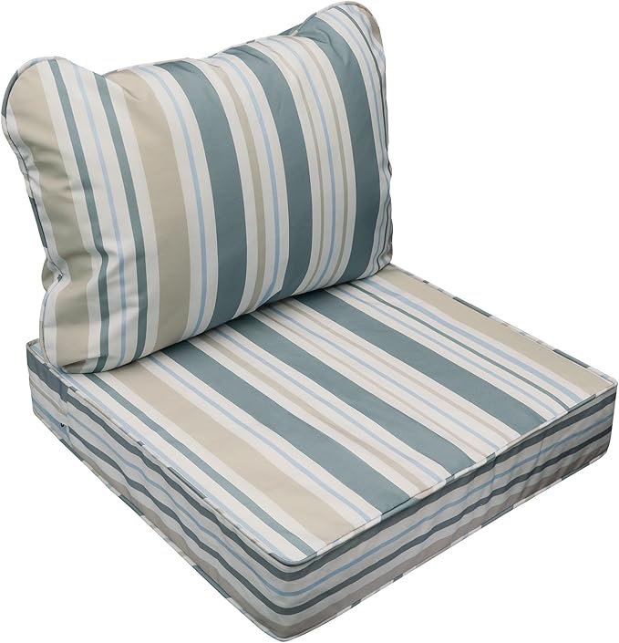 AAAAAcessories Outdoor Seat Cushions for Chairs, Fade-Resistant, Waterproof Patio Furniture Replacement Cushions, 21" x 19" x 3" + 21" x 19", Slate Gray Blue Coastal Stripe