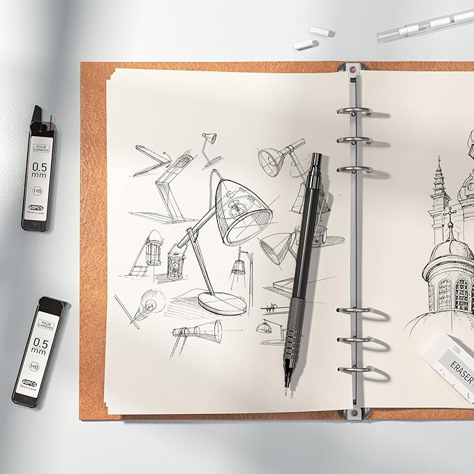 Four Candies 4PCS Metal Mechanical Pencils Set with Case, 0.5mm & 0.7 mm Artist Pencil with 8 Tubes (480PCS) HB Lead Refills, 3 Erasers,9 Eraser Refills For Writing Drafting, Drawing, Black&Silver