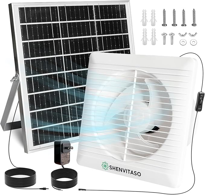 Solar Exhaust Fan with Power Adapter, 6 Inch Solar Powered Exhaust Ventilation Fan, Quiet Brushless Solar Vent Fan with 25W Solar Panel, AntiâBackflow Valve for Chicken Coop, Shed, Greenhouse