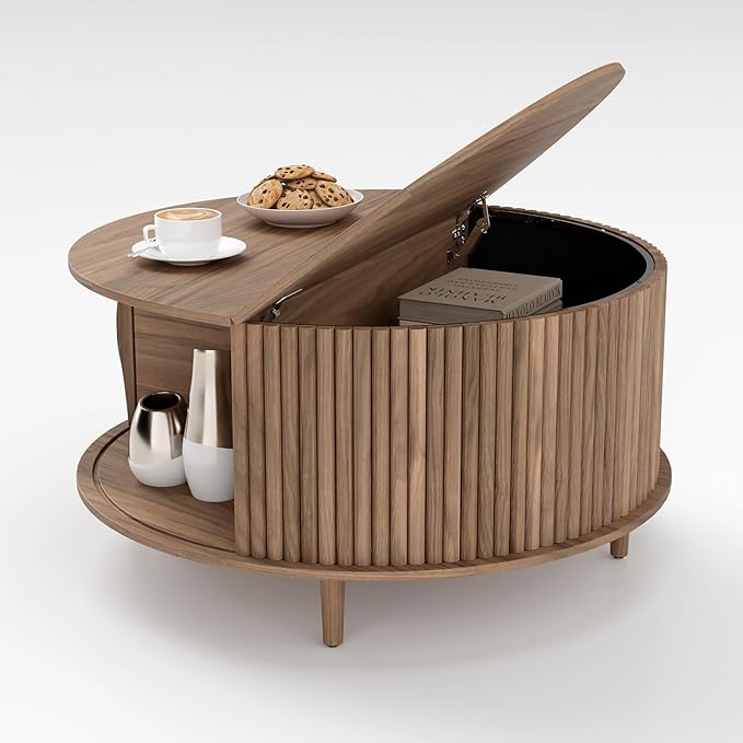 JOINICE,Round Coffee Table with Storage, 31.5" Fluted Center Table for Living Room, Modern Walnut Wood Circle Drum Table with Sliding Cabinet Door, Mid Century Furniture for Small Space