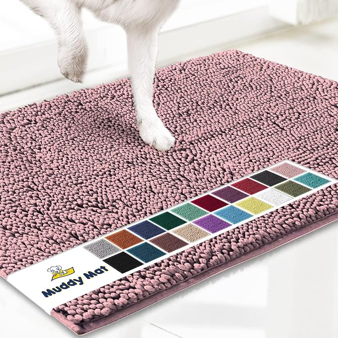 Muddy Mat® | Super Water Absorbent Door Mat Indoor, Microfiber Quick Dry Chenille Entryway Rug, Slip Resistant Front Door Mat, Indoor Mats for Entryway, Machine Washable Pet Rug, Pink 18"x28"