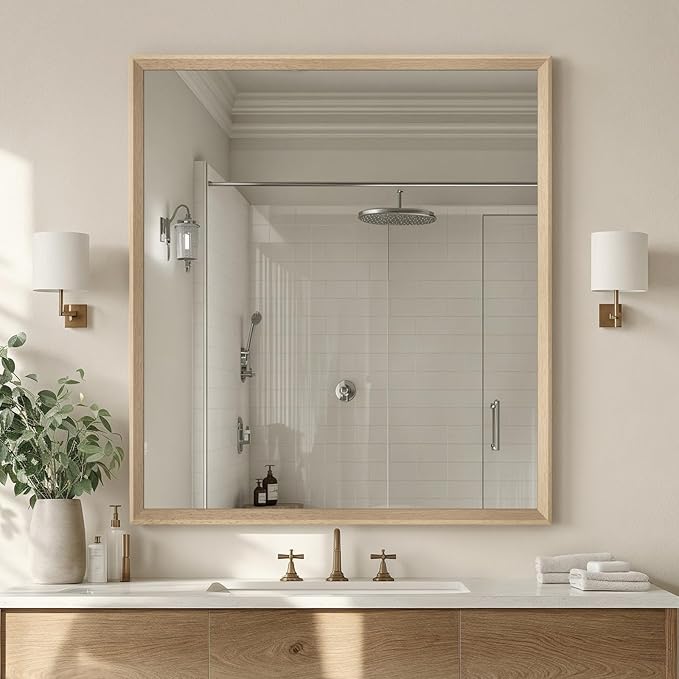 Oak Wood Effect Framed Wall Mirror, 36x40 Rectangle Mirror, Anti-desilvering