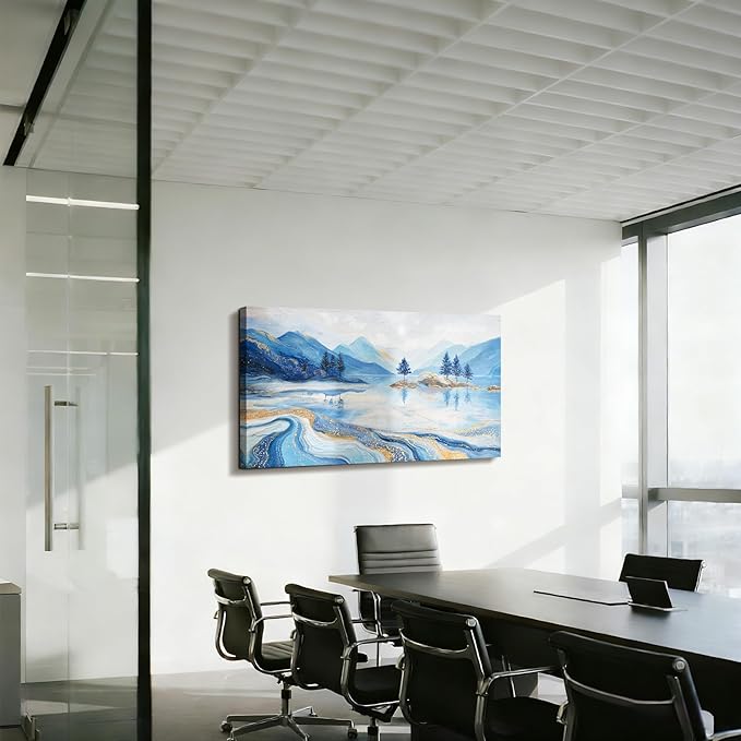SERIMINO Landscape Wall Art, Large Abstract Wall Art, Modern Art Wall Decor, Mountain Lake Canvas Prints, Blue and Gold Pictures for Living Room Bedroom Office Hallway House Decorations 24"x48"