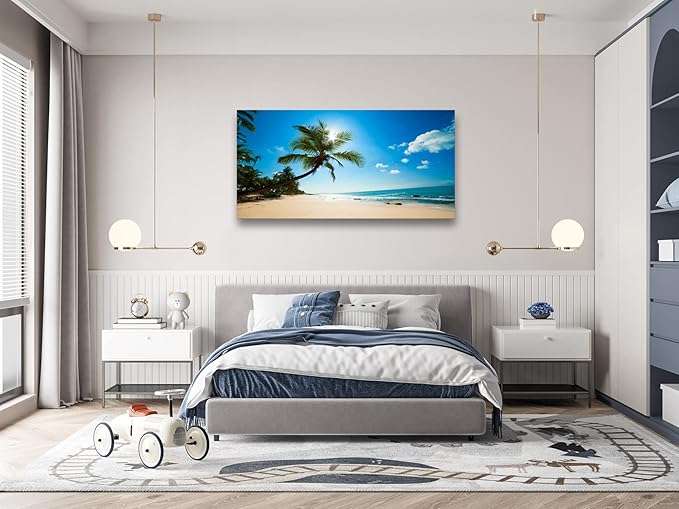 Muolunna ARX0650 Large Canvas Wall Art Summer Ocean Waves Prints Coconut Trees Beach Seascape Painting Hawaii Sea Nature Pictures Stretched and Framed for Living Room Home Office Wall Decor Artwork