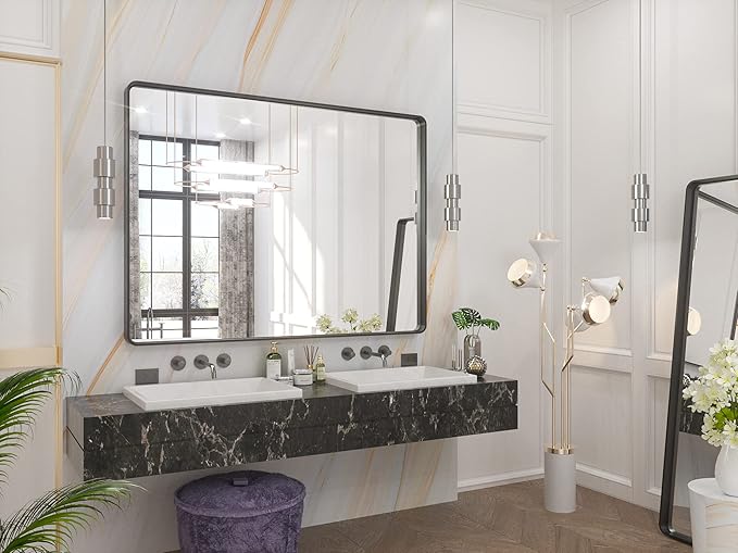 TETOTE 48 x 36 Inch Mirrors for Bathroom, Matte Black Framed Rectangular Large