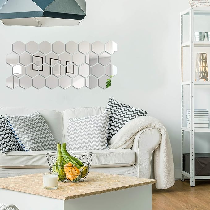 Shappy 32 Pcs Hexagon Mirror Wall Stickers Removable Silver Acrylic Mirror