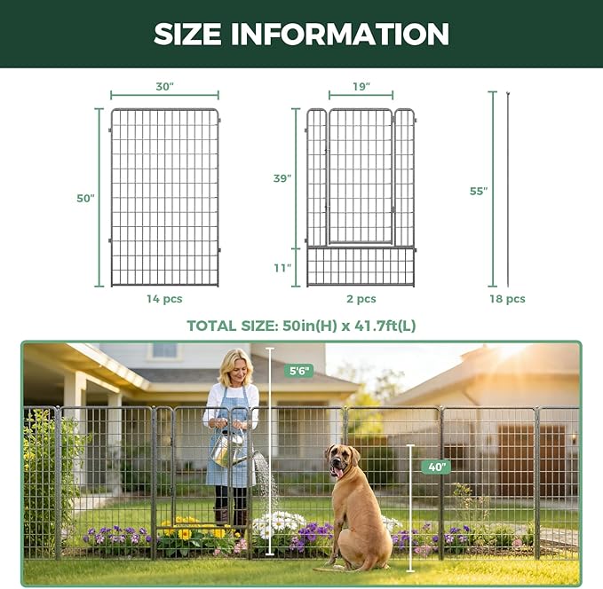 FXW Garden Fence Outdoor for the Yard – 50in(H) x 41.7ft(L) Heavy Duty Metal Animal Barrier for Dog, No Dig Decorative Dog Fence, 16 Panels, Silver