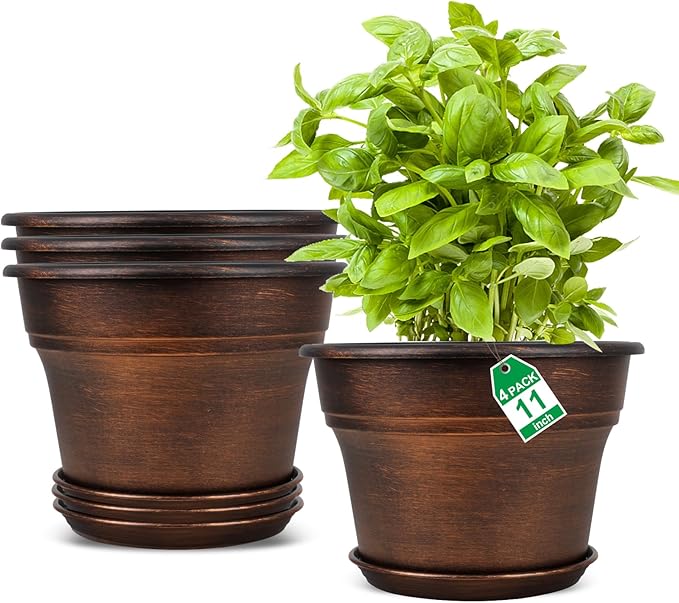 Plant Planters Pots Set of 4 Pack 11 Inch, Plastic Flower Pot for Indoor Plants with Drainage Holes & Trays, Resin Decorative Container Sets with Saucer for House Outdoor Garden Planters Copper