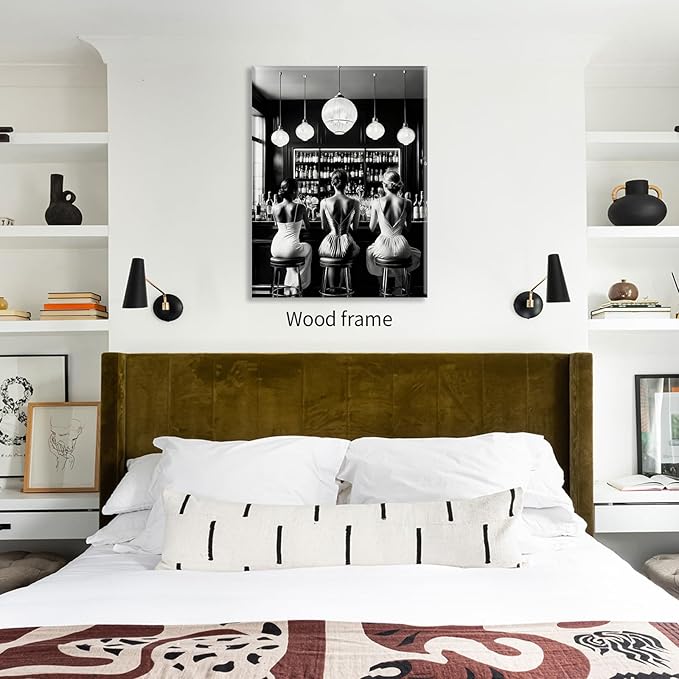 Vintage Black and White Framed Wall Art Trendy Women Drink Cocktail Posters