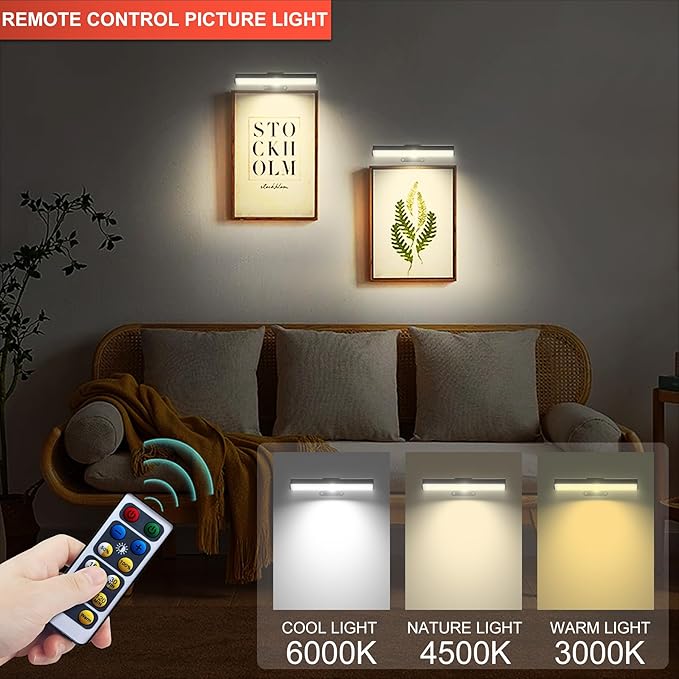 Wall Picture Lights with Remote, Dimmable Painting Light Battery Powered with 3