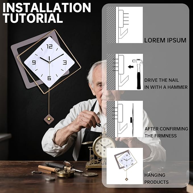 Wall Clock with Pendulum, Silent Quality Quartz Battery Operated, Modern Large