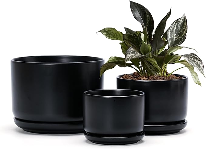 Ton Sin Plant Pots, 4.1+5.1+6.5 inch, Set of 3, Ceramic Planters with Drainage Hole and Saucer, Indoor Flower Pot Gifts for Momï¼Matte Blackï¼