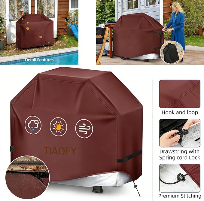 BBQ Gas Grill Cover for Outdoor, Anti-UV, Rip-Proof, 600D Oxford Fade Resistant Material, Barbecue Cover with Hook and Loop Straps & Adjustable Hem Drawstring (Reddish Brown, 58”x24”x46”)