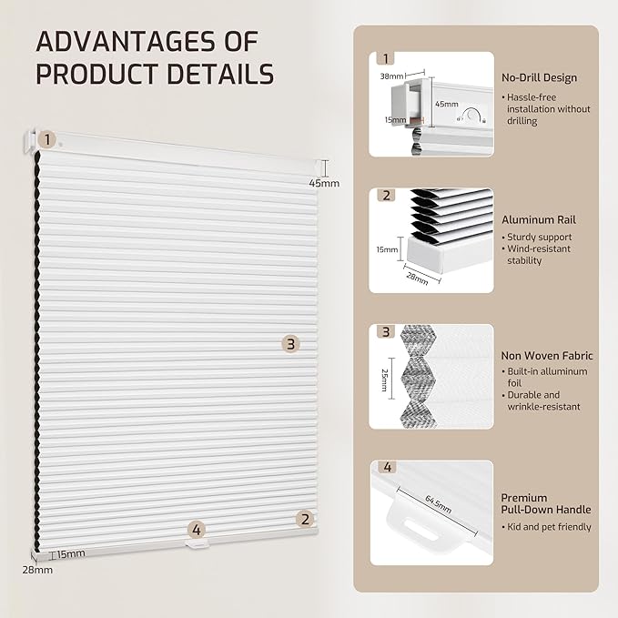 Grandekor No Tools No Drill Cordless Cellular Shades, UV Protection Privacy No