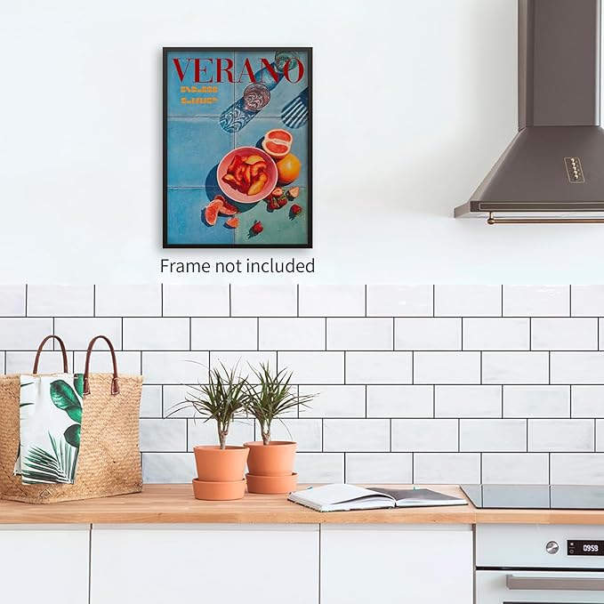 jkahh Summer Travel Food Fruit Wall Art Retro 70s Blue Posters Trendy Orange