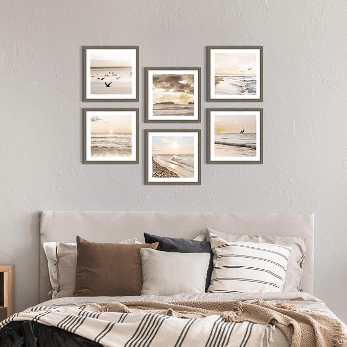 Framed Beach Scenery Wall Art:6 Pieces Small Calming Seaside Painting Nature Coastal Sunrise Prints Tropical Multi Seascape Photography Artwork Ocean Seagulls Picture for Bathroom Bedroom Office