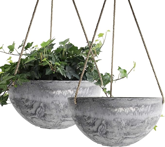 LA JOLIE MUSE Hanging Planter Flower Plant Pots - 10 Inch Indoor Outdoor Balcony Patio Hanging Basket Set of 2, Marble Pattern