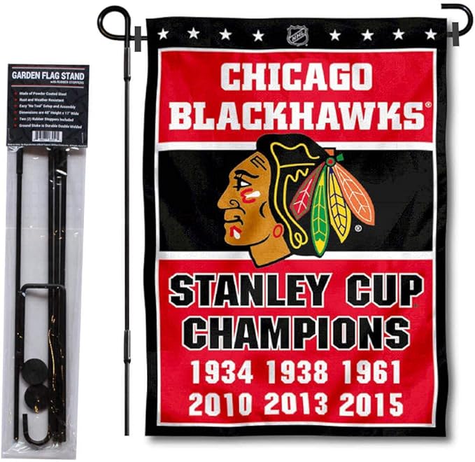 WinCraft Chicago Blackhawks 6 Time Champions Garden Flag and Pole Stand Holder