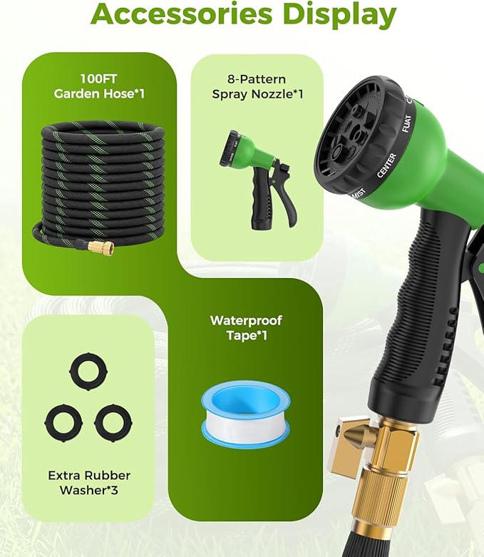 100ft Garden Hose, Non-Expandable Water Hose with 8 Function Spray Nozzle, Lightweight, Knik-Free, Burst-Resistant, Durable & Flexible 3/4" Garden Hose for Lawn, House Cleaning, Car Washing