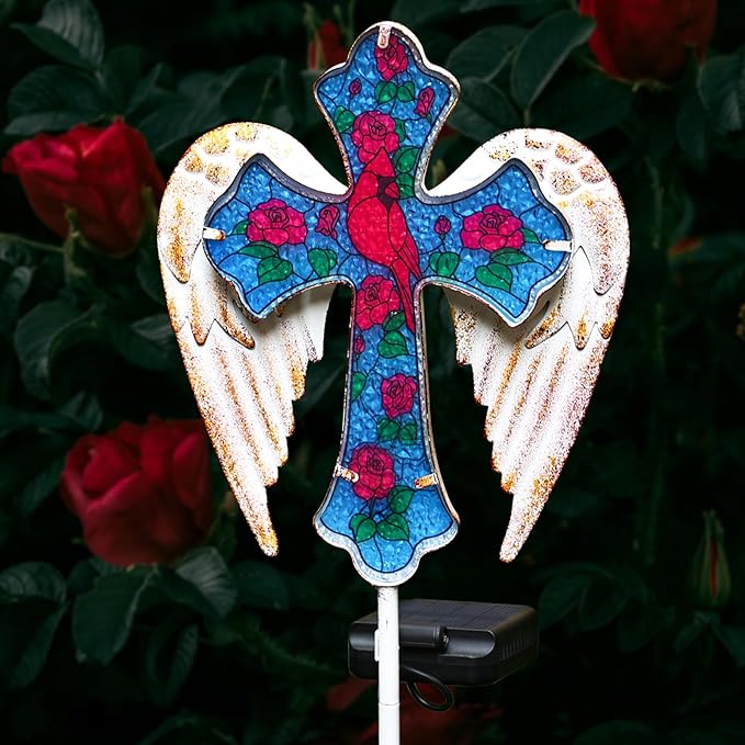 YJFWAL Cardinal Bird&Rose Cross Garden Stake Light, Solar Glass Cross for Cemetery Grave, Jesus Cross Angel Wings Sympathy Memorial Gifts, Halloween Christmas Garden Lawn Yard Patio Decor