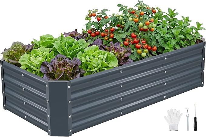 INNO STAGE 4Ã2Ã1ft Galvanized Raised Garden Bed Kit, Galvanized Planter Raised Garden Boxes Outdoor, Large Metal Raised Garden Beds for Vegetables, Flowers, Herbs, and Succulents, Grey