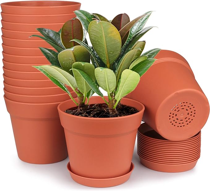 Homenote Pots for Plants, 15 Pack 6 Inch Plastic Planters with Multiple Drainage Holes and Tray - Plant Pots for All Home Garden Flowers Succulents (Terra Cotta)
